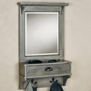Karter Gray Mirrored Wall Shelf | Storage Drawer & Hooks